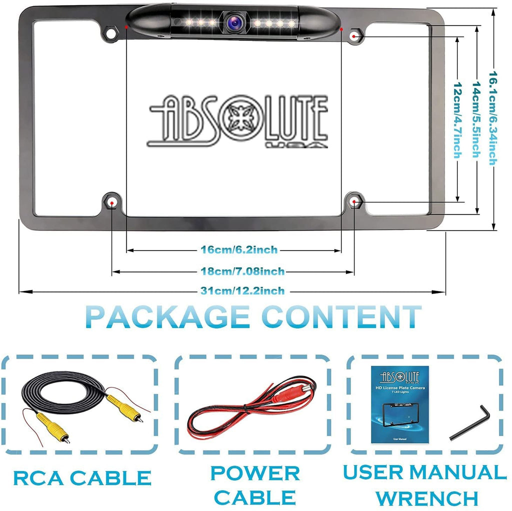 Absolute CAM2100S Chrome License Plate License Plate Backup HD Camera, Rear View Camera 170° Viewing Angle Universal Night Vision Waterproof High Sensitive 8 Bright LED Reversing Car Camera