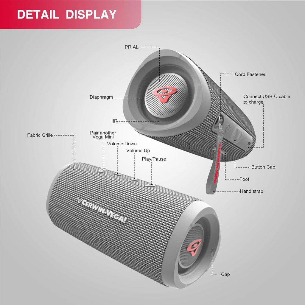 Cerwin Vega VMGRY Vega Mini Gray Portable Compact Powerhouse Bluetooth Speaker