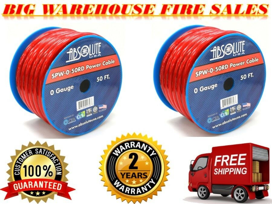 Two Red 1/0 Gauge 50' Pro Xtreme Twisted Power / Ground Battery Wire Cables