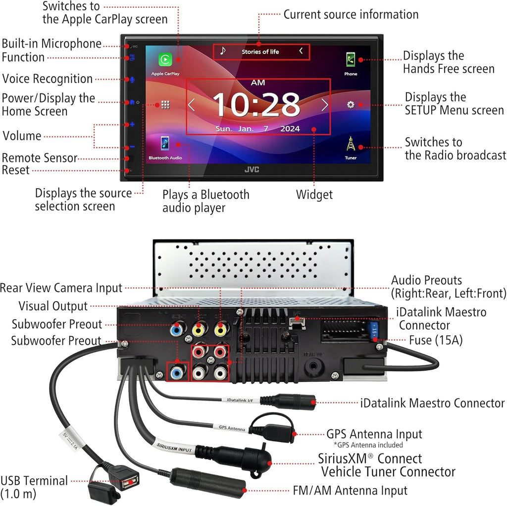 JVC KW-M595BT Digital Media Receiver 6.8" Capacitive Touch Monitor Apple CarPlay- Android Auto w/License Plate