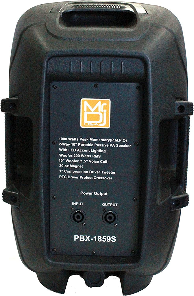 MR DJ PBX1859S 10" 2-Way Passive PA DJ Speaker LED Accent Lighting 1000W Power
