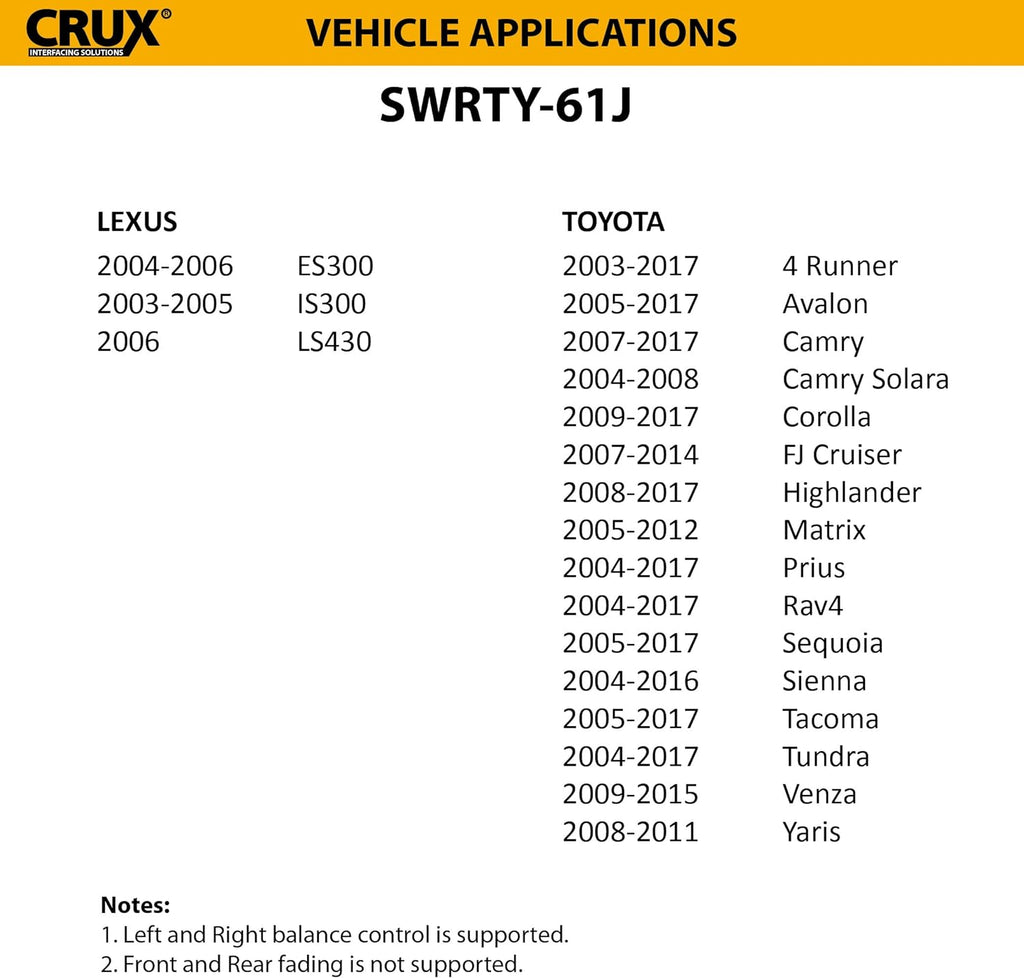 Crux SWRTY-61J Radio Replacement w/ SWC & JBL Amp Retention for Toyota/Lexus Vehicles 2003-Up