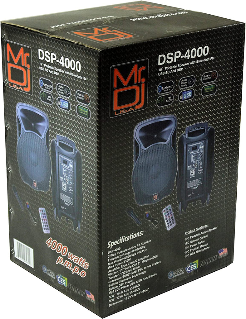 MR DJ DSP4000 15" 2 Way Portable Speaker with Bluetooth, FM Radio, USB/SD & DSP Player Technology