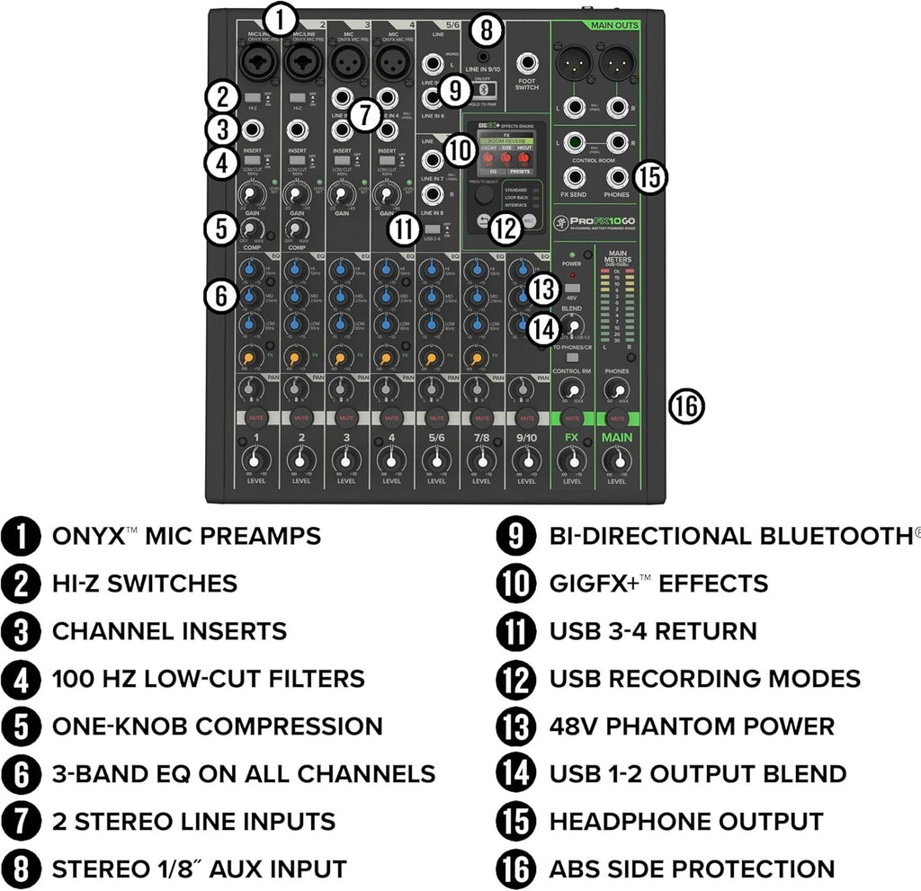 Mackie ProFX10GO Battery-powered 10-channel Mixer with USB and Enhanced Effects