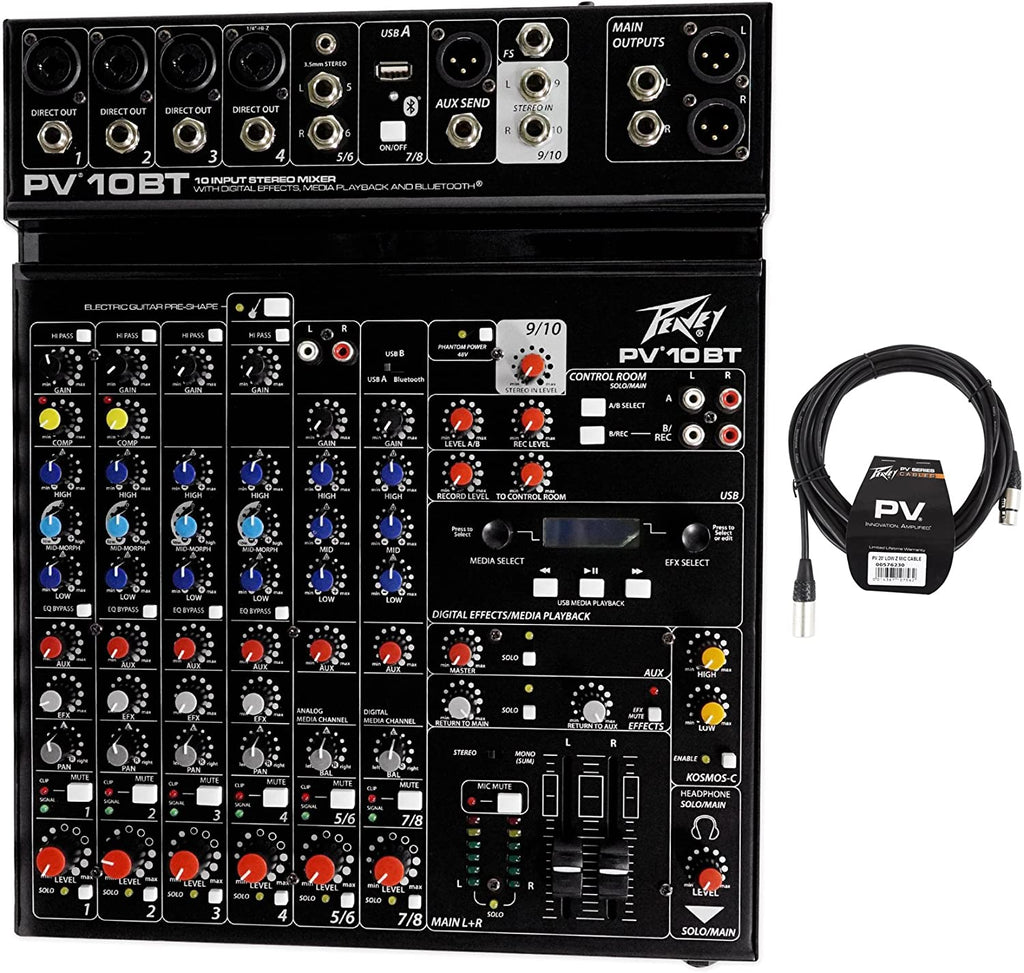 Peavey PV10BT Pro Audio Mixer,4 mic In,Bluetooth/USB,Compressor/Effects Bundle with Peavey PV 20' XLR Female to Male Low Z Mic Cable