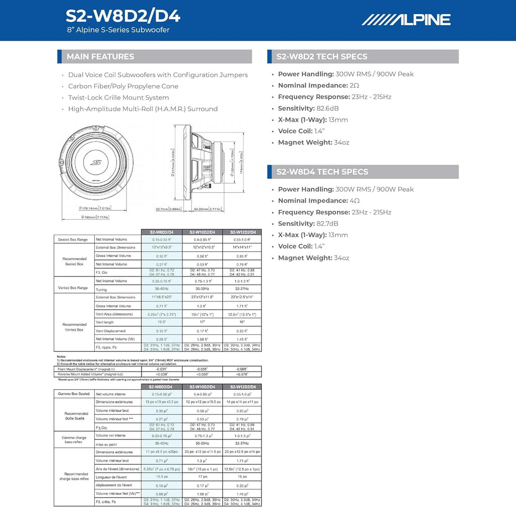 Alpine S2-W8D4 8" S-Series Dual 4 Ohm Car Subwoofer, 900W Max, 300W RMS