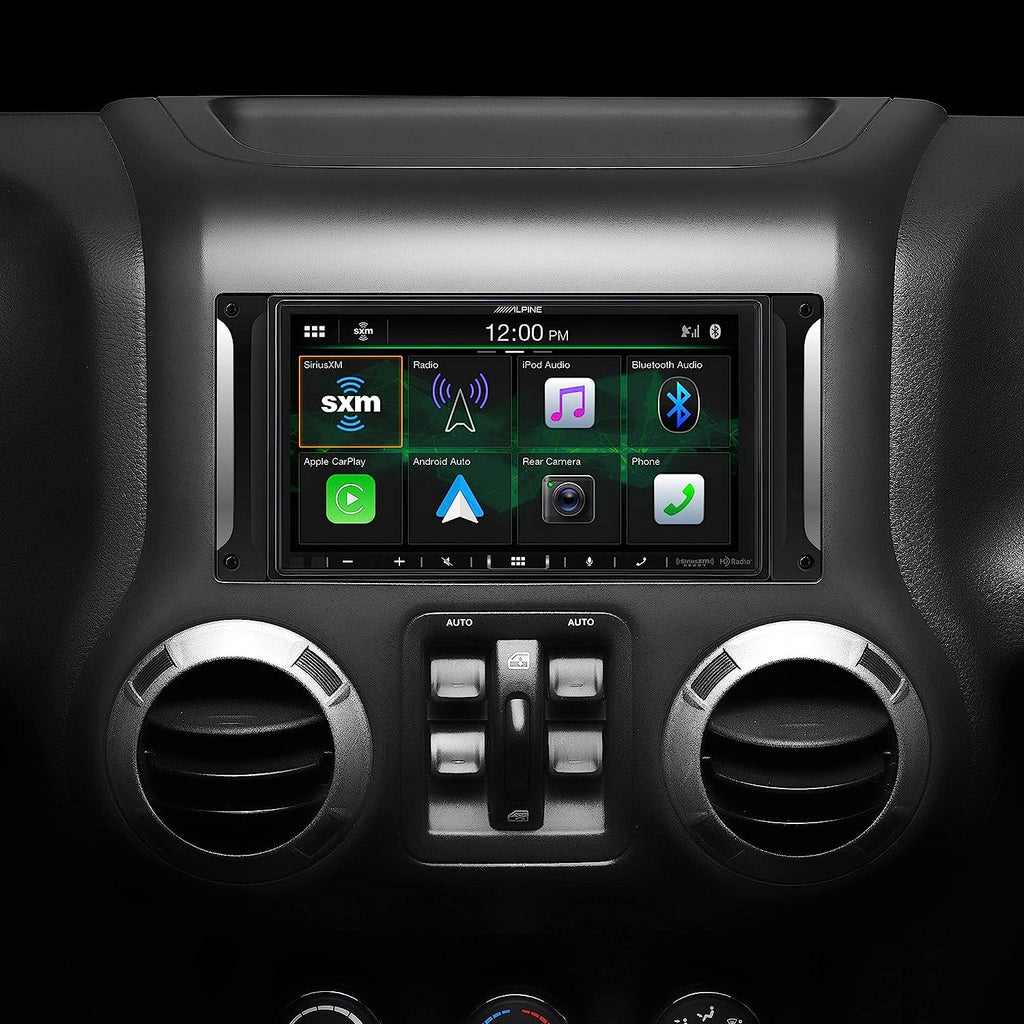 Alpine i407-WRA-JK Custom Fit Restyle Receiver for 2007-18 Jeep Wrangler JK/JKU. Apple CarPlay and Android Auto, Bluetooth, Plays FLAC Files, HD Radio, USB Input, iDatalink Maestro RR Included, No CD