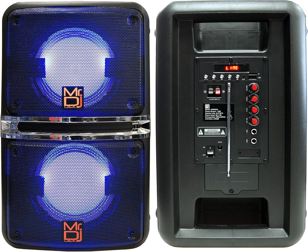 MR Dj GOPACK Bluetooth Speaker<br/>Dual 6.5" Portable Outdoor Speaker Built-in Bluetooth, USB/Micro SD Card Reader, with Rechargeable Battery & LED Accent Lighting 1200W P.M.P.O