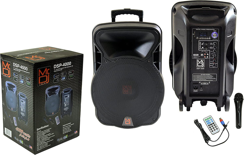 2 Mr Dj 15" 4000W Bluetooth DSP FM Radio USB Portable PA DJ Speaker