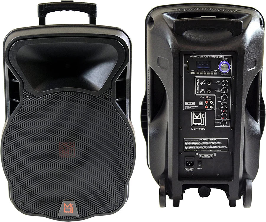 2 MR DJ 15" 4000W Bluetooth DSP FM USB Portable PA DJ Speaker & Stands