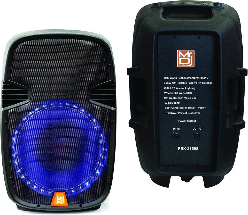 MR DJ PBX2159S 12" 2-Way Portable Passive PA/DJ Speaker LED Accent Lighting