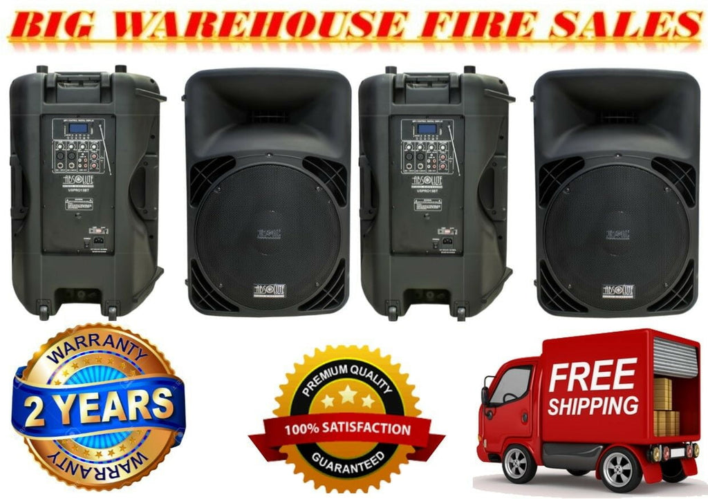 2 ABSOLUTE PRO 2500 Watts 15" Active PA DJ Speaker MP3, FM Radio, Bluetooth, Mic