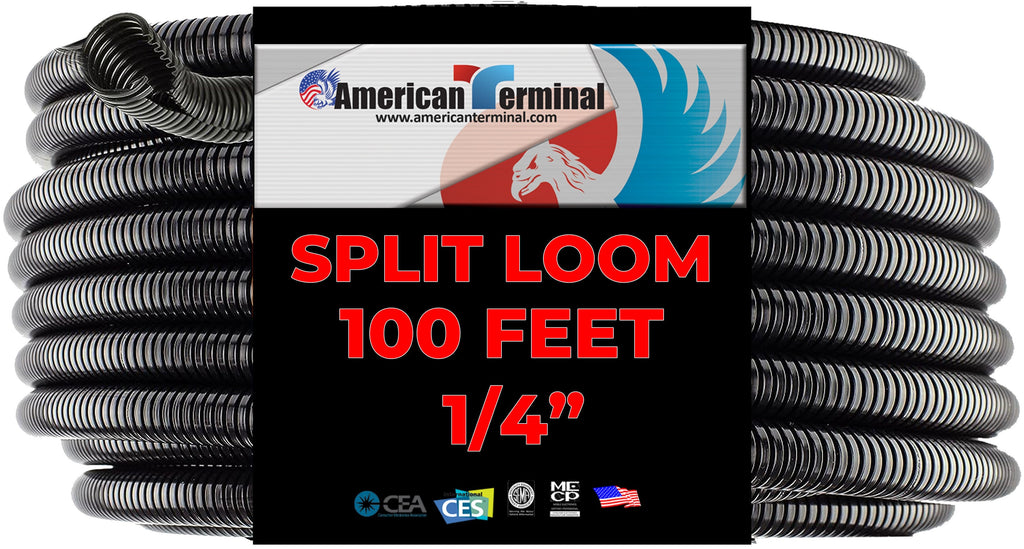 American Terminal 100 Ft. 1/4" Split Wire Loom Conduit Polyethylene Tubing Black