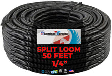 Load image into Gallery viewer, American Terminal 50&#39; Feet 1/4&quot; Black Split Loom Wire Flexible Tubing Wire Cover for Various Automotive, Home, Marine, Industrial Wiring Applications, Etc.