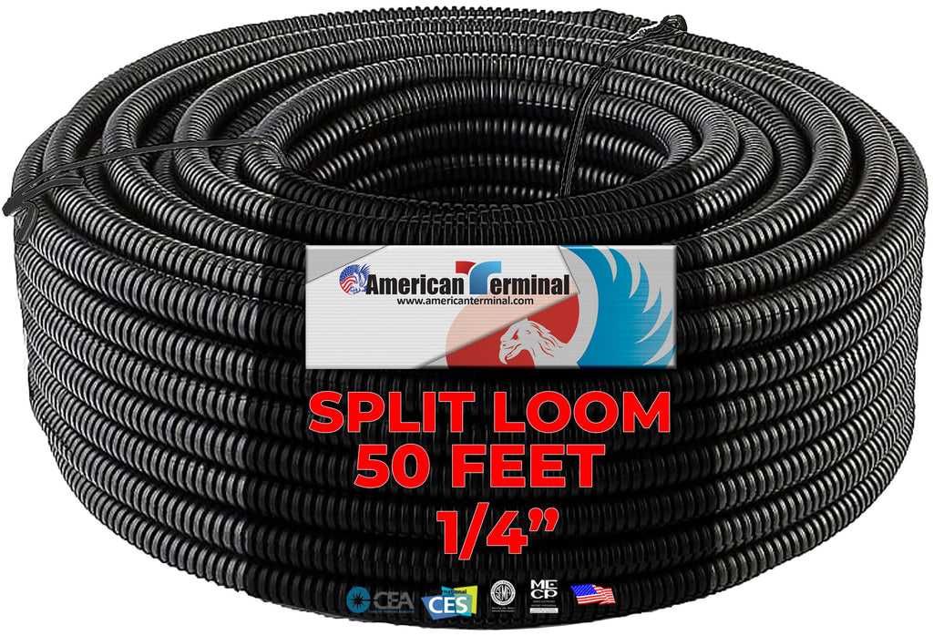 50' Feet 1/4" Black Split Loom Wire Flexible Tubing Wire Cover for Various Automotive, Home, Marine, Industrial Wiring Applications, Etc.