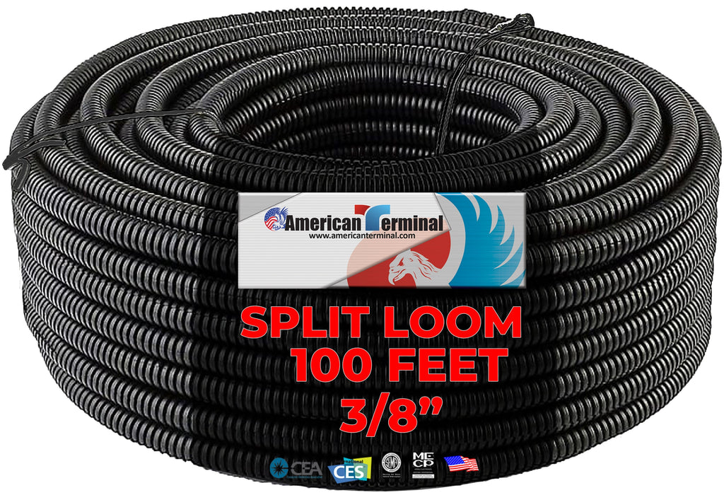 American Terminal 100 Feet Black 3/8" Split Loom Split Wire Loom Conduit Corrugated Plastic Tubing Sleeve for Various Automotive, Home, Marine, Industrial Wiring Applications, Etc.