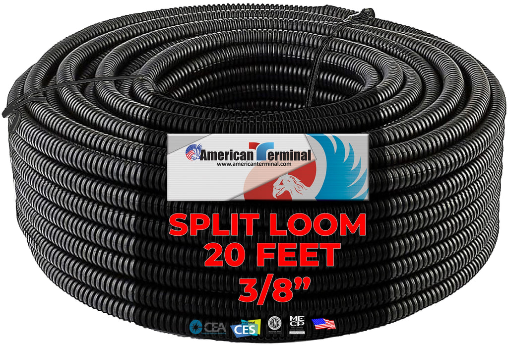 American Terminal 20 Ft. 3/8" Split Wire Loom Conduit Polyethylene Tubing Black Color Sleeve Tube