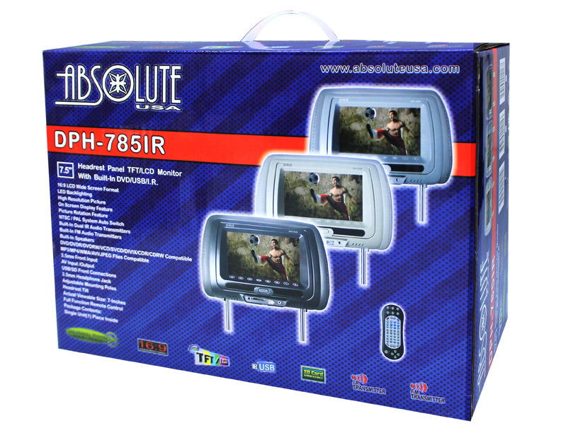 Absolute DPH-785IRC 7.5" Cream Headrest TFT/LCD Monitor DVD/USB/SD
