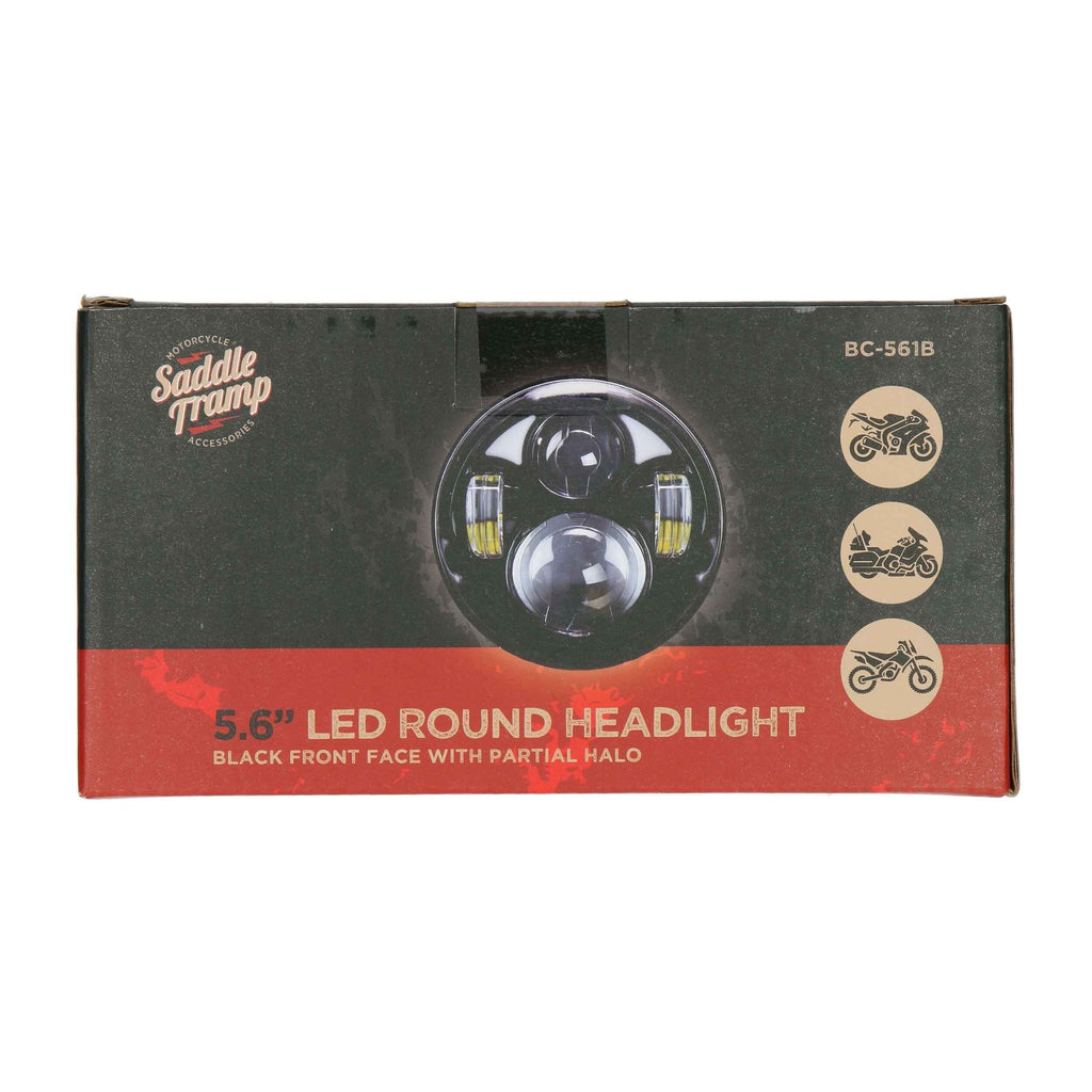 Saddle Tramp BC-561B Round Motorcycle Headlights with Black Face and Partial Halo - 5.6 Inch, 8 LED