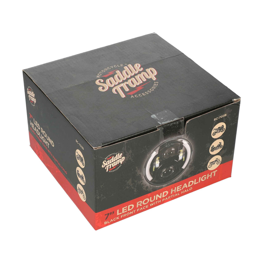 Saddle Tramp BC-703B Round Motorcycle Headlights with Black Face and Partial Halo - 7 Inch