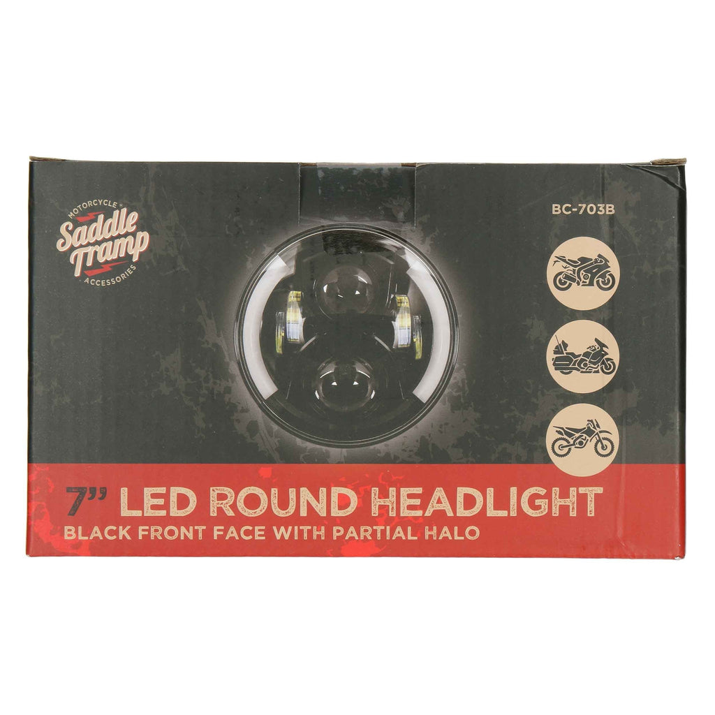 Saddle Tramp BC-703B Round Motorcycle Headlights with Black Face and Partial Halo - 7 Inch