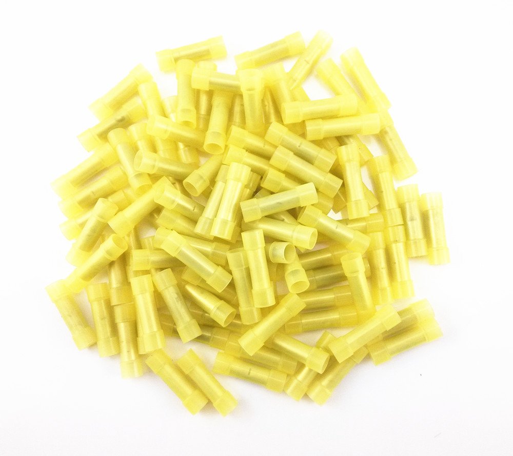 MK Audio KBC1210Y 100 pcs 12 - 10 Gauge AWG Yellow insulated Nylon crimp terminals connectors Butt Connectors