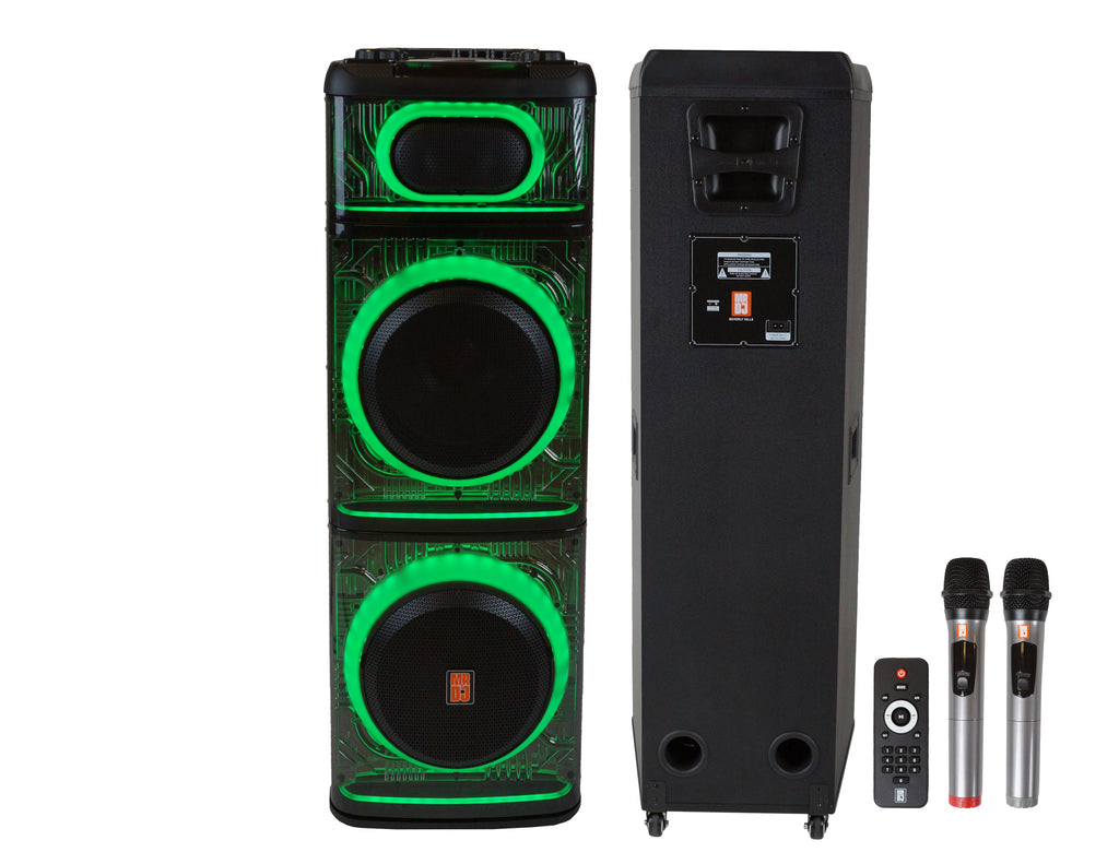 MR DJ BEVERLY HILLS 55000W Dual 12” Bluetooth Rechargeable Party Speaker Ring Partylights 2 Wireless Mic TWS Portable DJ PA System