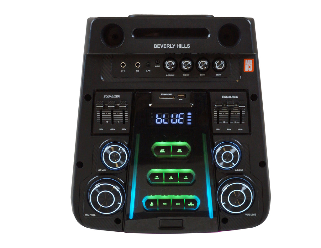MR DJ BEVERLY HILLS 55000W Dual 12” Bluetooth Rechargeable Party Speaker Ring Partylights 2 Wireless Mic TWS Portable DJ PA System