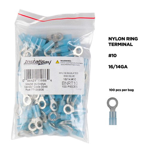Install Bay BNRT10 Blue Nylon Ring Terminal 16-14 Gauge #10 - Package of 100