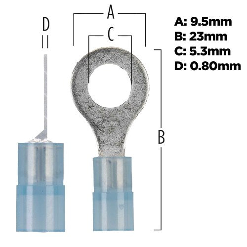 Install Bay BNRT14 Blue Nylon Ring Terminals 16-14 GA 1/4 inch - Package of 100