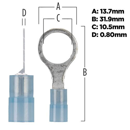 Install Bay BNRT38 Blue Nylon Ring Terminals 16-14 GA 3/8 inch - Package of 100