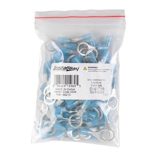 Install Bay BNRT38 Blue Nylon Ring Terminals 16-14 GA 3/8 inch - Package of 100