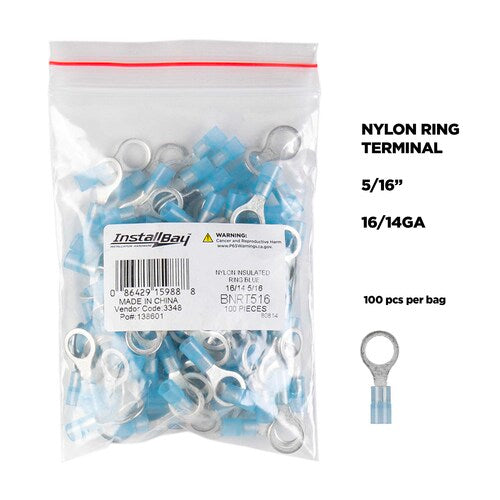 Install Bay BNRT516 Blue Nylon Ring Terminal 16-14 Gauge 5/16 in - Pack of 100