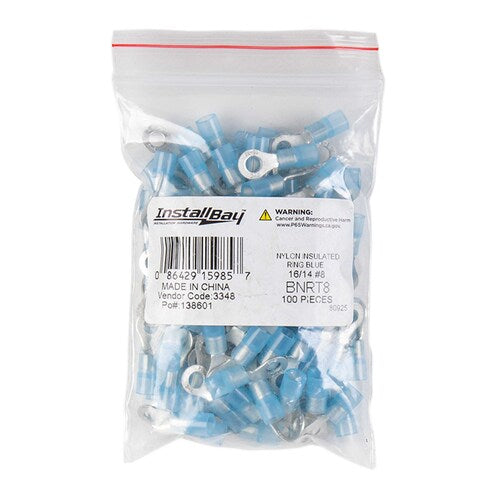 Install Bay BNRT8 Blue Nylon Ring Terminal 16-14 Gauge #8 - Package of 100