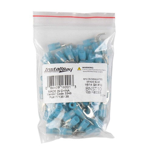 Install Bay BNST10 Blue Nylon Spade Terminals 16-14 Gauge #10 - Package of 100