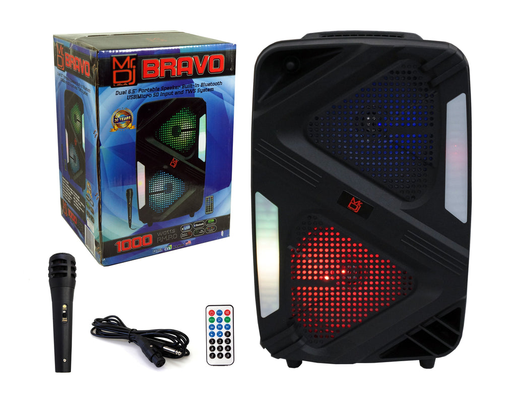 Mr. Dj BRAVO Dual 6.5" Portable Bluetooth Speaker<br/> Dual 6.5" Portable PA DJ Active Powered Bluetooth TWS Speaker 1000 Watts LCD/MP3/USB/micro SD