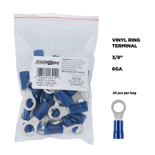Install Bay BVRT638 Blue Vinyl Ring Terminal 6 Gauge 3/8 Inch - Package of 25