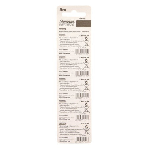 Install Bay CR2016 Lithium 3 Volt Battery 1.6MM - Package of 5