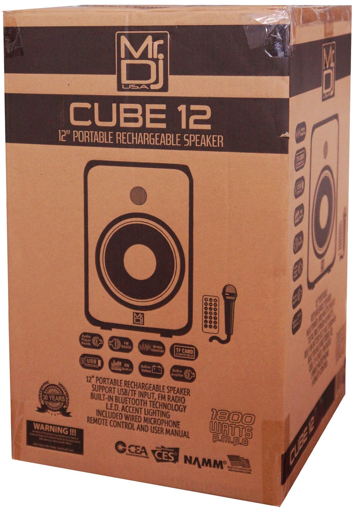 MR DJ CUBE12 12" Rechargeable Portable Karaoke Speaker with Party Flame Lights Microphone TWS USB FM Radio