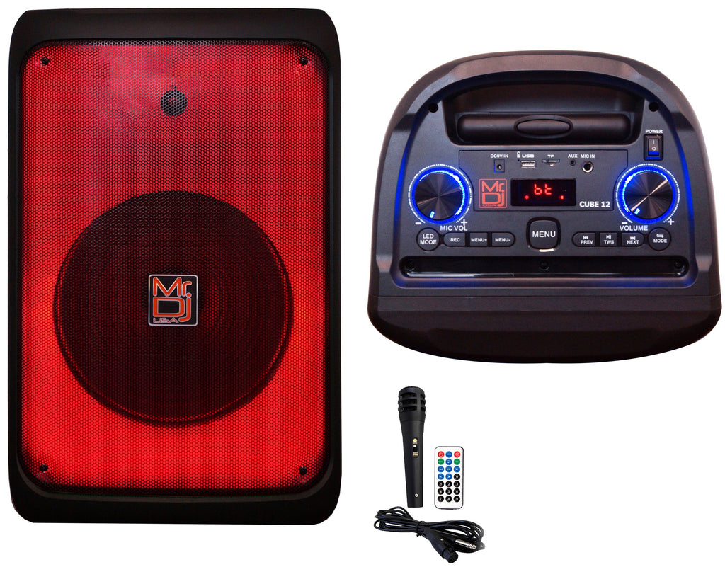 MR DJ CUBE12 12" Rechargeable Portable Bluetooth Karaoke Speaker with Party Flame Lights Microphone TWS USB FM Radio