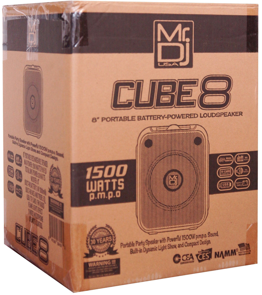 MR DJ CUBE8 8" Rechargeable Portable Karaoke Speaker with Party Flame Lights Microphone TWS USB FM Radio