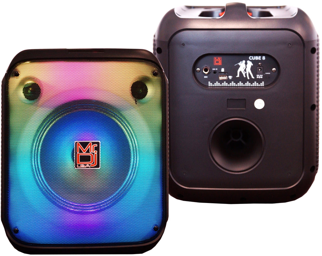 MR DJ CUBE8 8" Rechargeable Portable Karaoke Speaker with Party Flame Lights Microphone TWS USB FM Radio