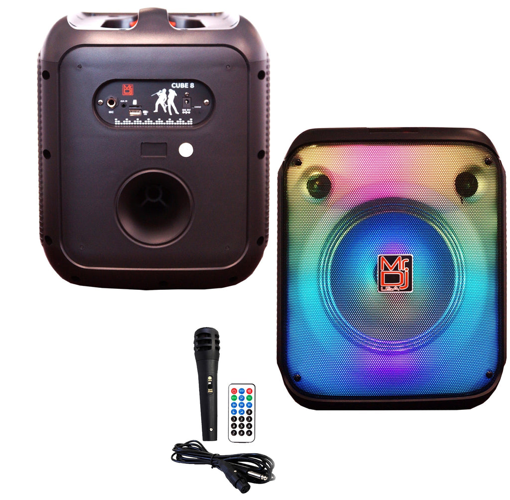 MR DJ CUBE8 8" Rechargeable Portable Karaoke Speaker with Party Flame Lights Microphone TWS USB FM Radio