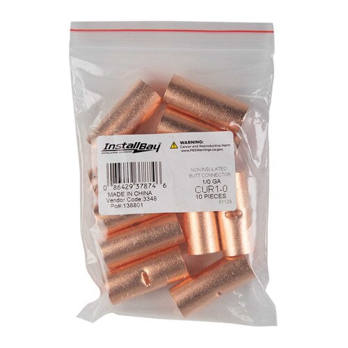Install Bay CUR1-0 Copper Uninsulated Butt Connector 1/0 Gauge Package of 10