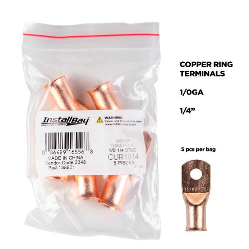 Install Bay CUR1014 Copper Uninsulated Ring Terminal 1/0 Gauge 1/4" 5/PK