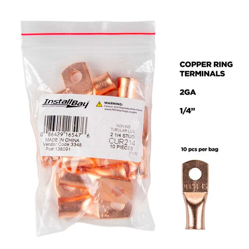 Install Bay CUR214 Copper Uninsulated Ring Terminal 2 Gauge 1/4" 10/PK