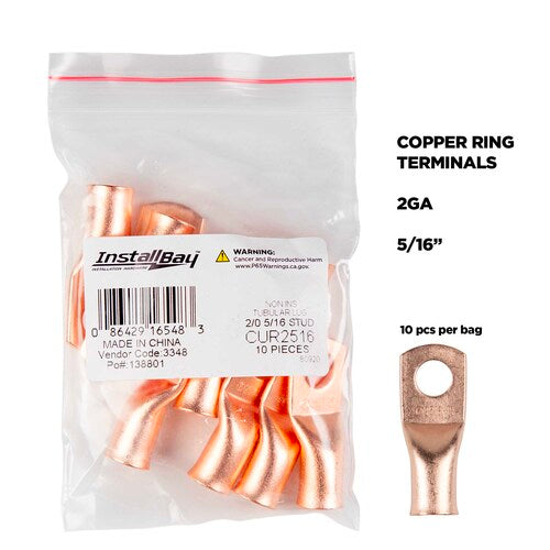 Install Bay CUR2516 Copper Uninsulated Ring Terminal 2 Gauge 5/16 Inch 10 Pack