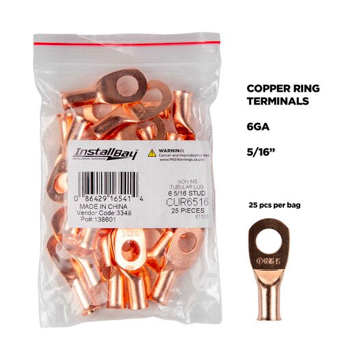 Install Bay CUR6516 Copper Uninsulated Ring Terminal 6 Gauge 5/16 inch
