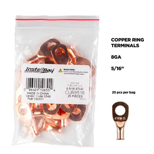 Install Bay CUR8516 Copper Uninsulated Ring Terminal 8 Gauge 5/16 inch