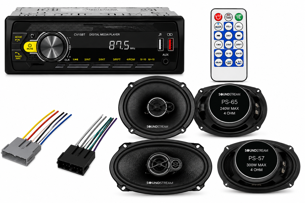 CV15BT Car Stereo + PS-65 & PS-57 Speakers + Harness Fit 1992-1996 Ford F-150